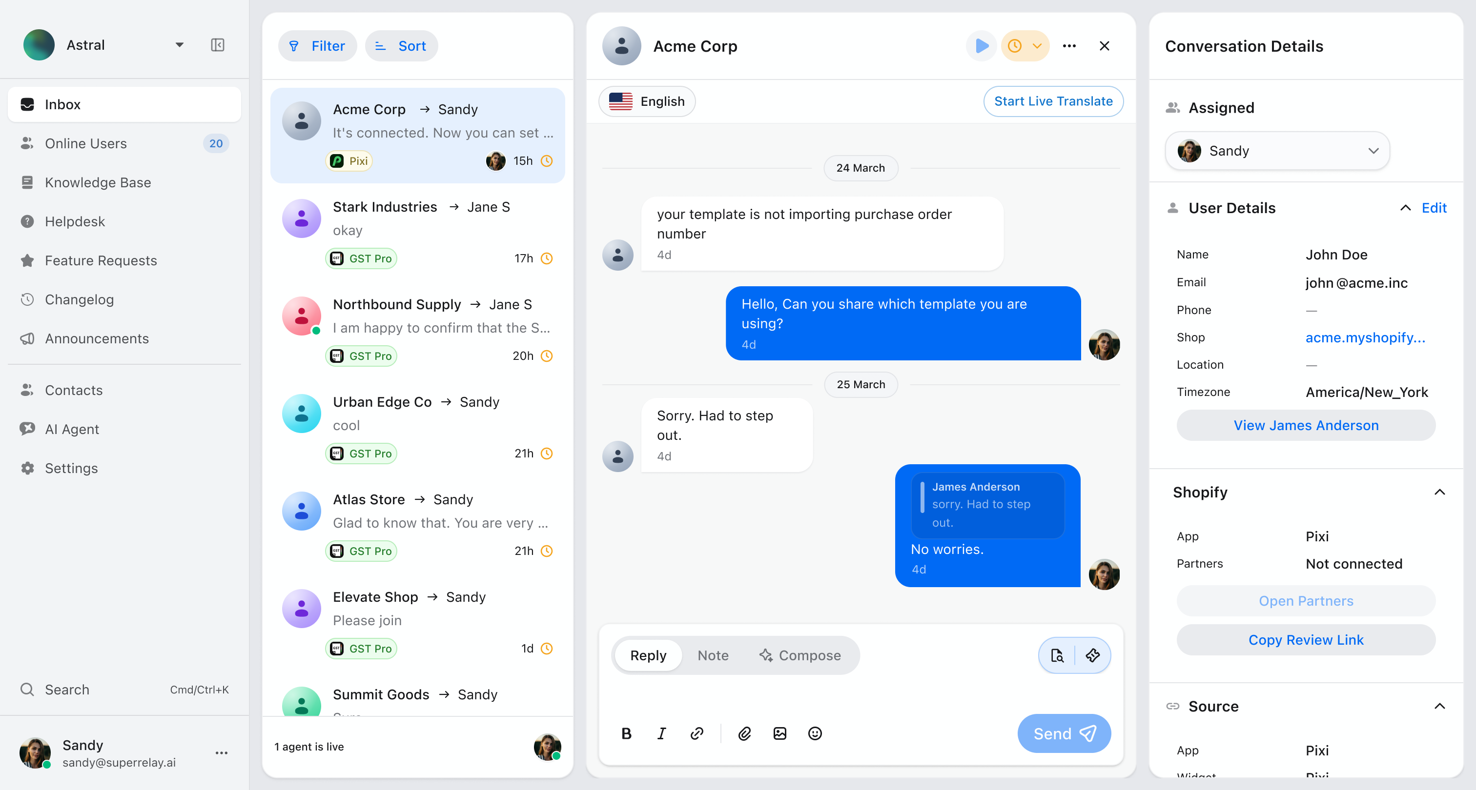 SuperRelay app — unified inbox with conversations, customer context, and AI agent